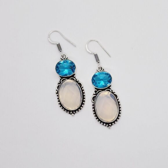 Opalite Blue Topaz Handmade Drop Dangle Earrings Jewelry 2" - Picture 3 of 7